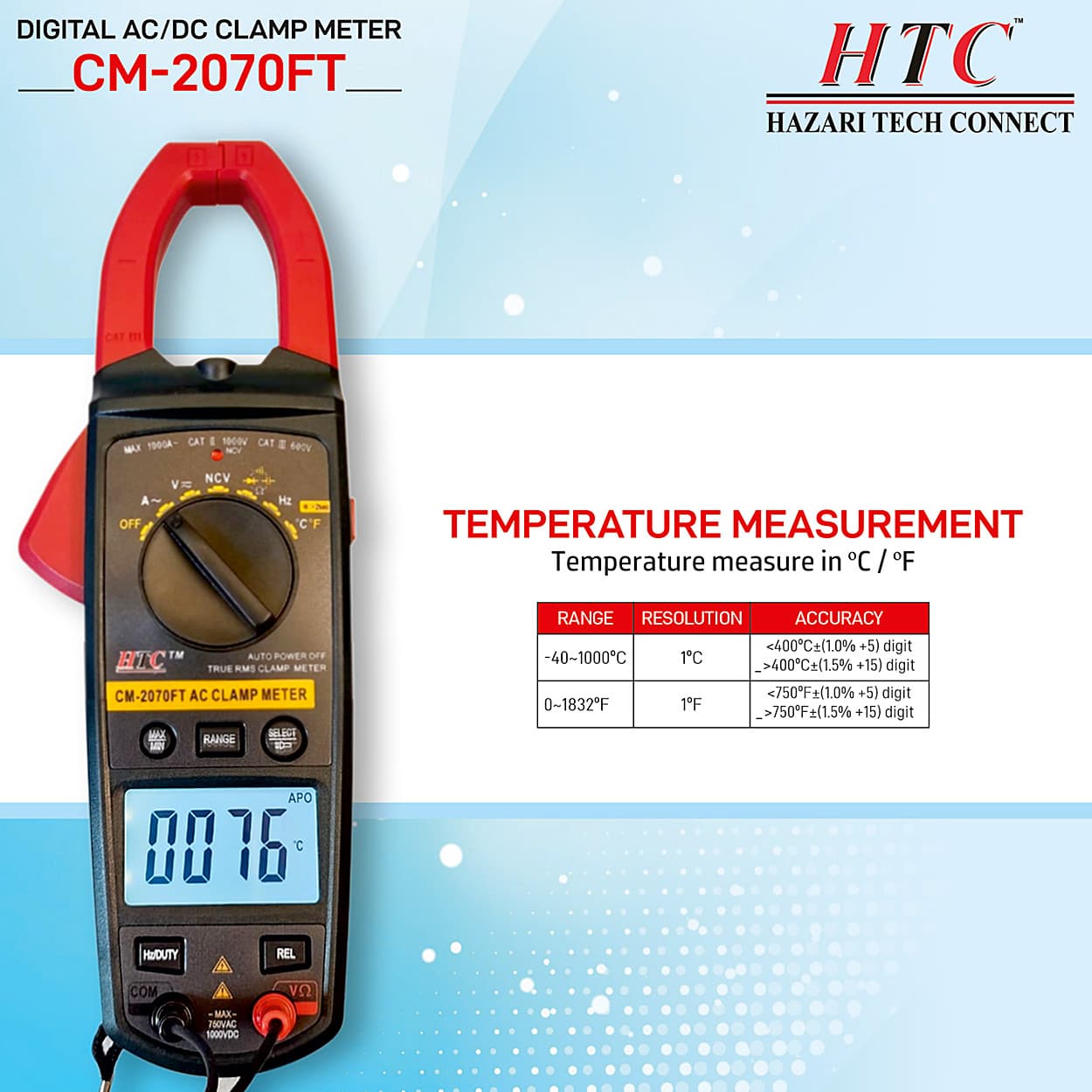 HTC 3-3/4 Digit / 1000A AC Clamp Meter With Backlight (True RMS), CM-2070FT