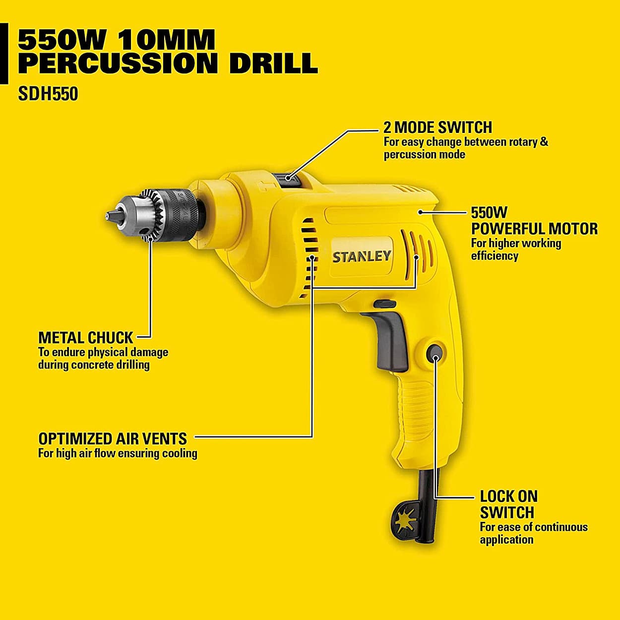 Stanley 10 mm / 550W DIY Drill Machine With 120 Pcs Mechanical Toolkit For Home & Professional Use, SDH550KM-IN