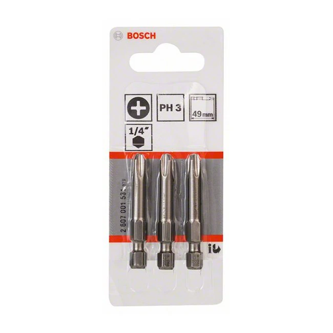 Bosch PH3 x 49 mm Length Phillips Extra Hard Screwdriver Bits (Pack of 3 Pcs), 2 607 001 531