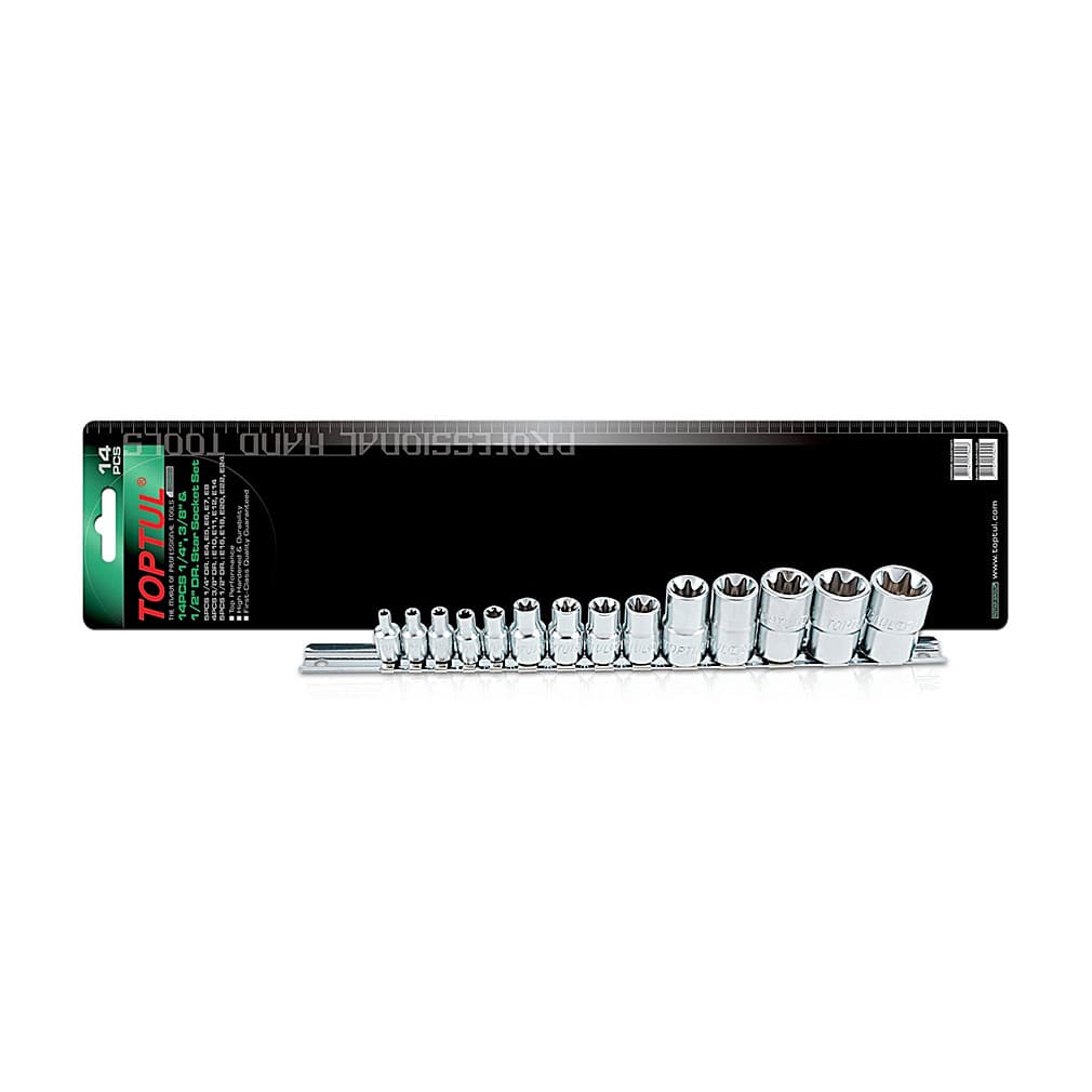 Toptul 14 PCS 1/4, 3/8 & 1/2 Inch Sq. Drive Star Socket Rail Set, GAAR1402