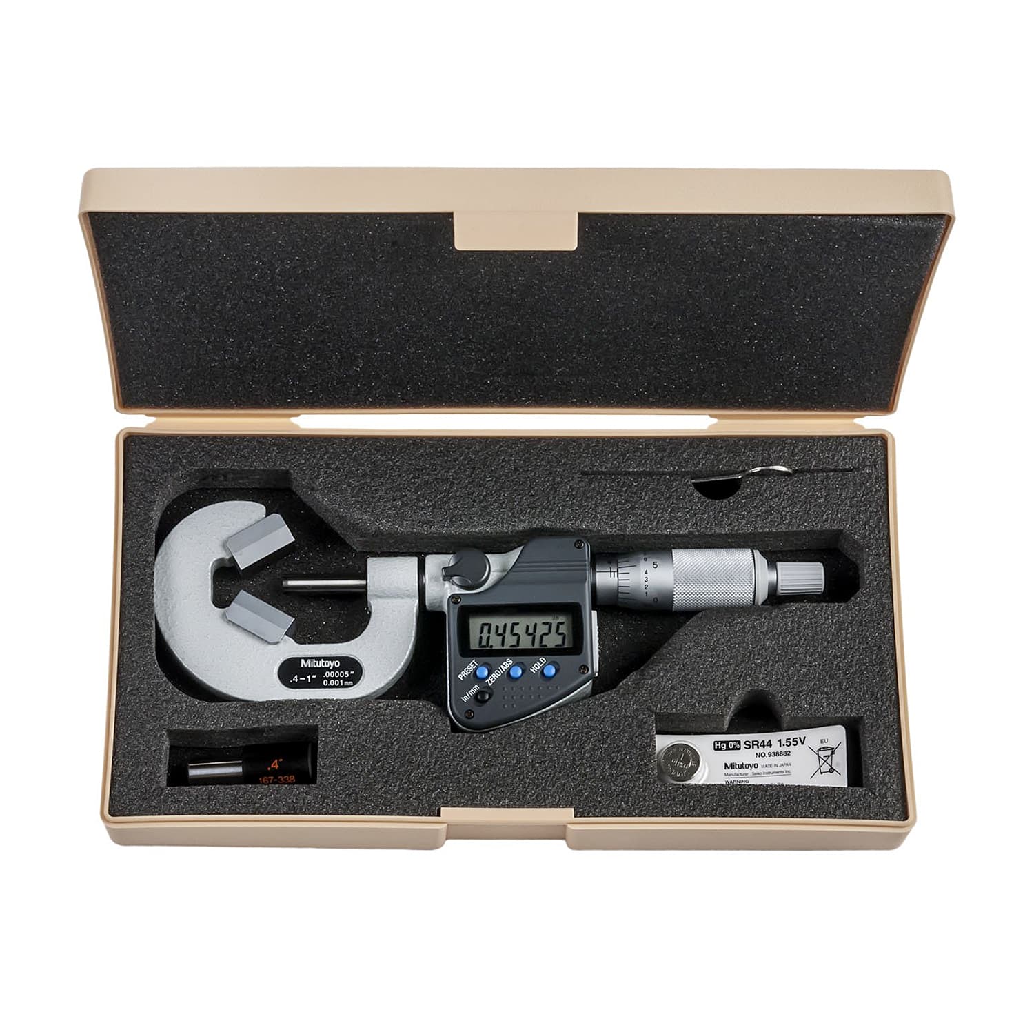 Mitutoyo 0.4 - 1 inch Digital V-Anvil Micrometer with Groove (3 Flute), 314-362-30