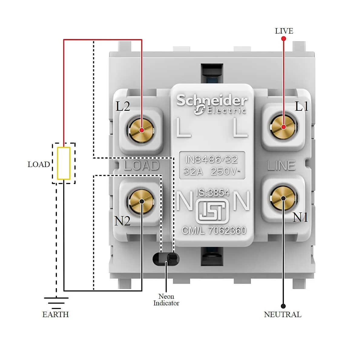 Schneider Electric Zencelo 32 Amp 2 Module DP Switch With Neon - Dark Grey (Pack of 5 Pcs), IN8486/32(BZ)