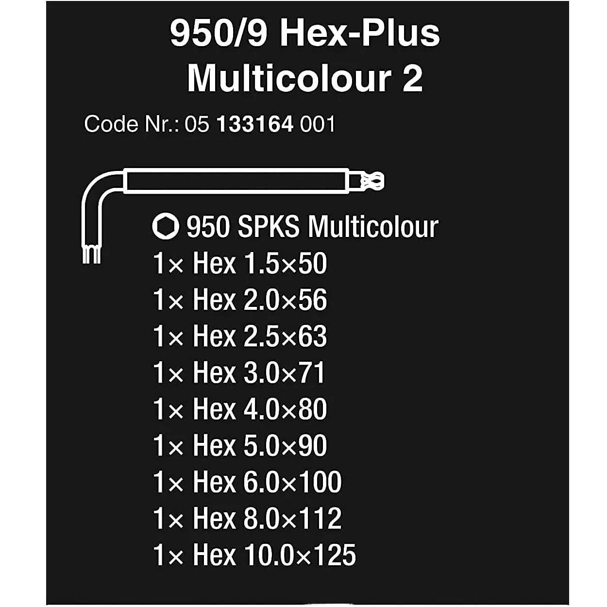 Wera 950 / 9 Pcs Hex-Plus Multicolour 2 L-key Set Metric BlackLaser, 05133164001