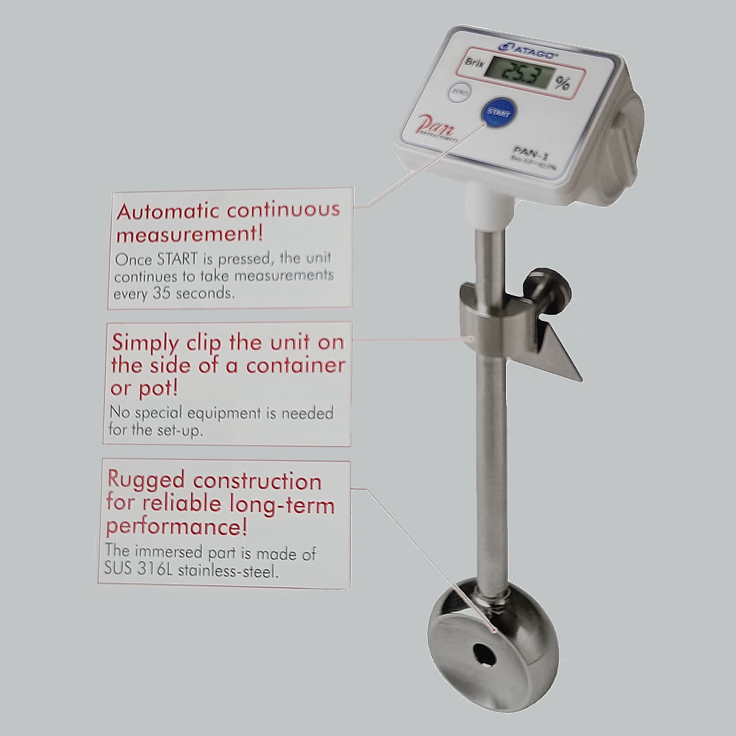 Atago 0.0~42.0% Digital Immersion Type Refractometer, PAN-1DC