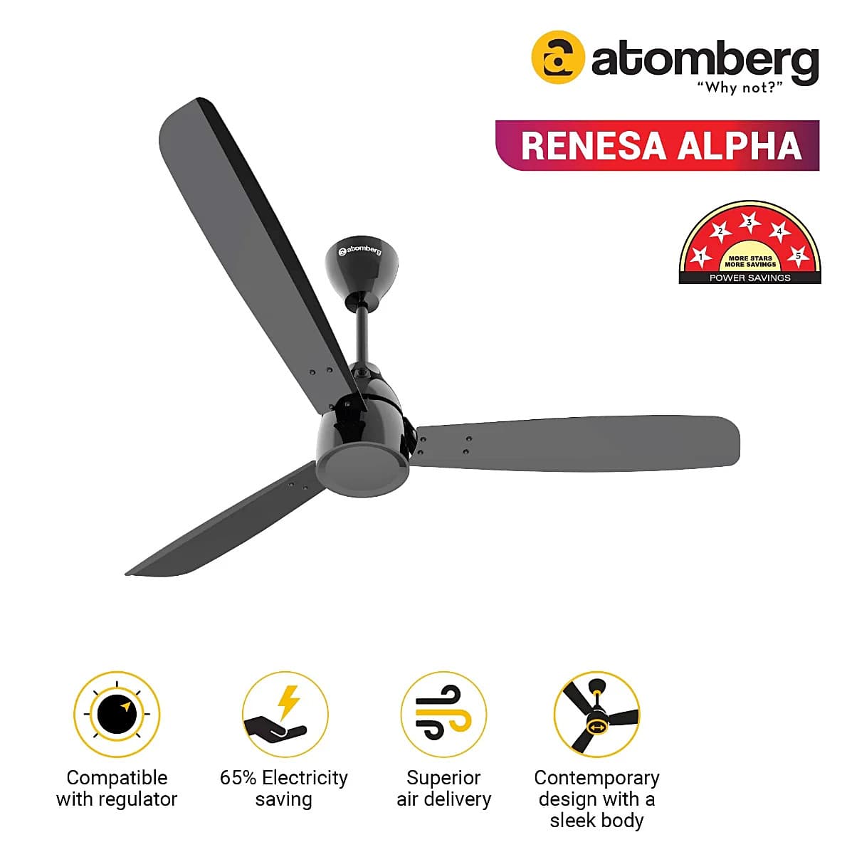 Atomberg Renesa Alpha 1200 mm BLDC Motor 3 Blade Ceiling Fan (Black)