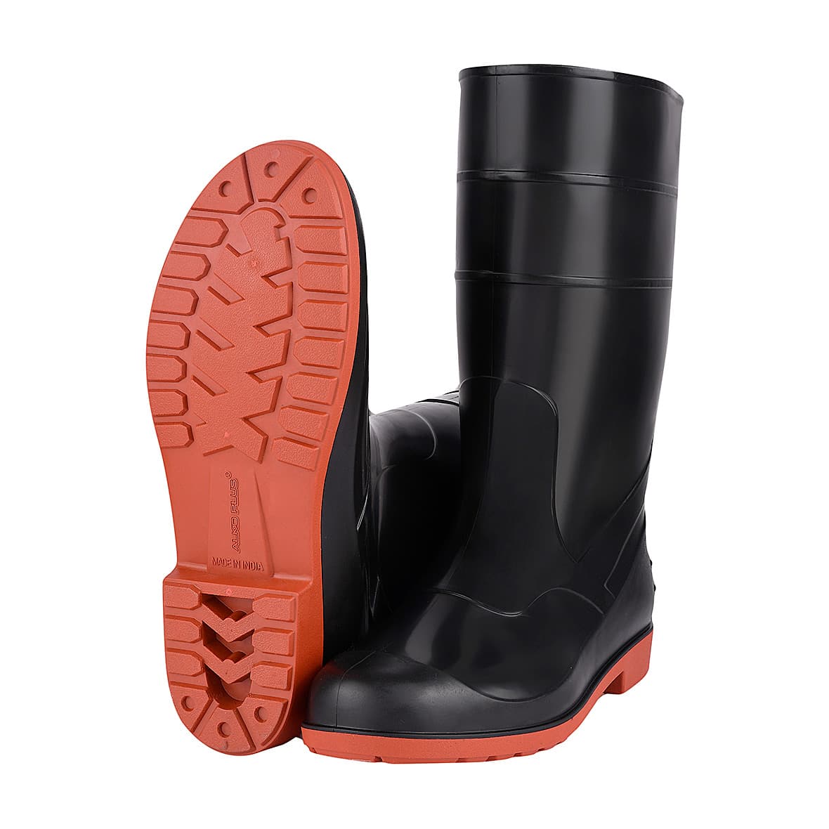 Alko Plus 13 inch PVC Gumboot with Cotton Lining & without Steel Toe (Black & Red), APS G13