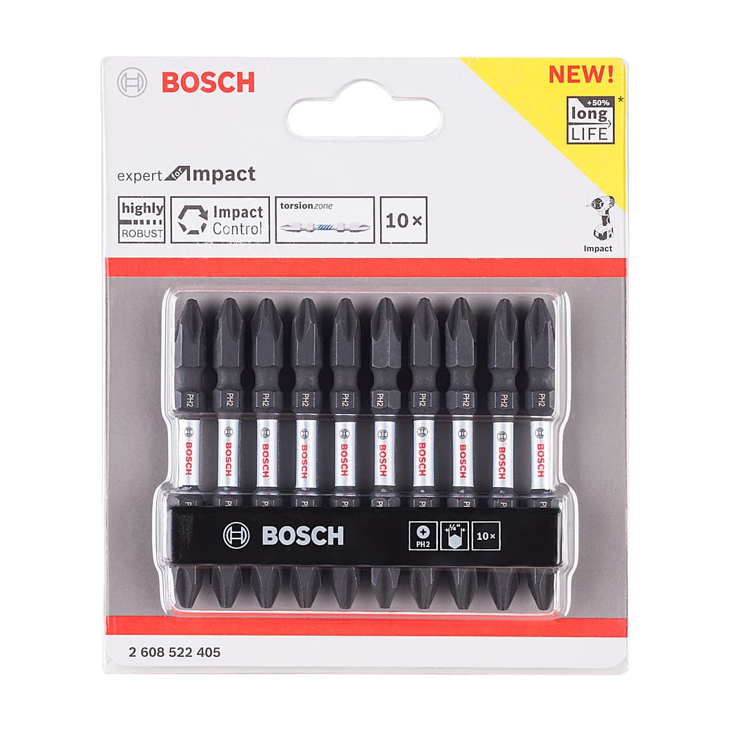 Bosch PH2 x 65 mm Length Phillips Double Ended Impact Screwdriver Bits (Pack of 10 Pcs), 2 608 522 405