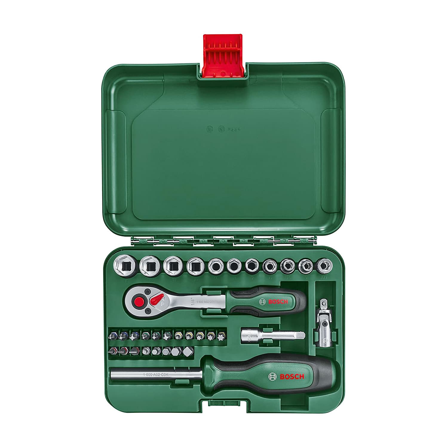 Bosch 34 Pcs 1/4 Inch Sq. Drive Socket Set with Universal Screwdriver, 1 600 A02 BY1