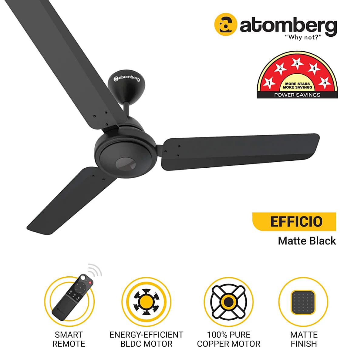 Atomberg Efficio 1200 mm Energy Efficient Ceiling Fan With BLDC Motor & Remote (Matt Black)
