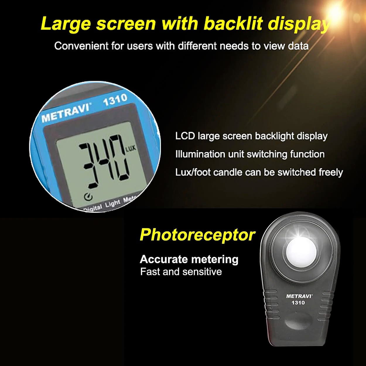 Metravi 0 - 199900 FC Auto-Ranging Digital Lux Meter (Measures In Lux & In Foot Candle), 1310