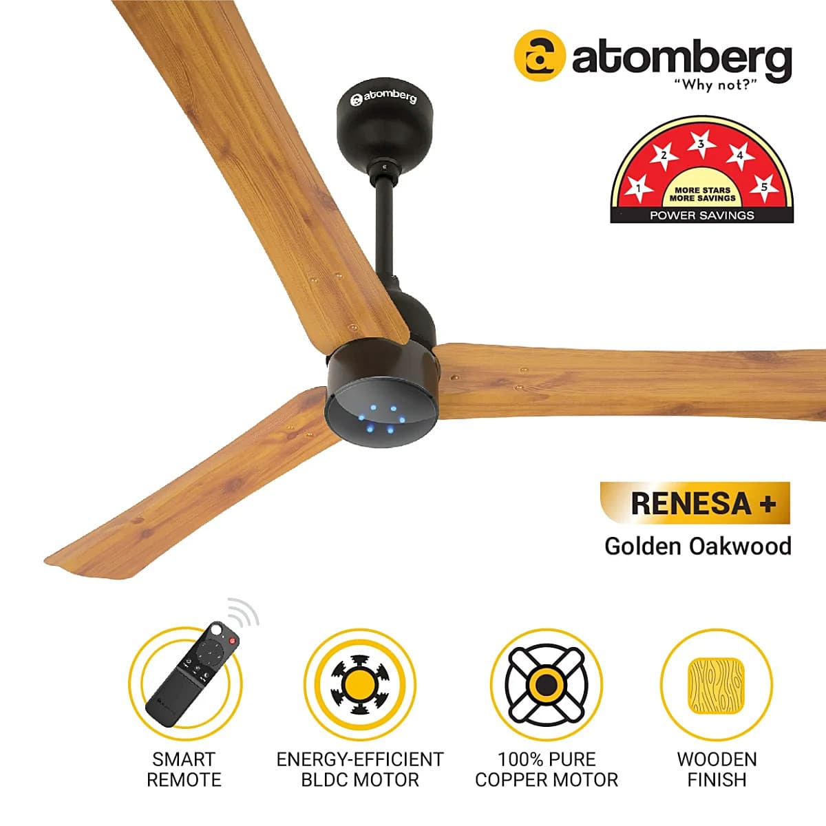 Atomberg Renesa+ 1200 mm Energy Efficient Dust Resistant Ceiling Fan with BLDC Motor and Remote (Golden Oakwood)
