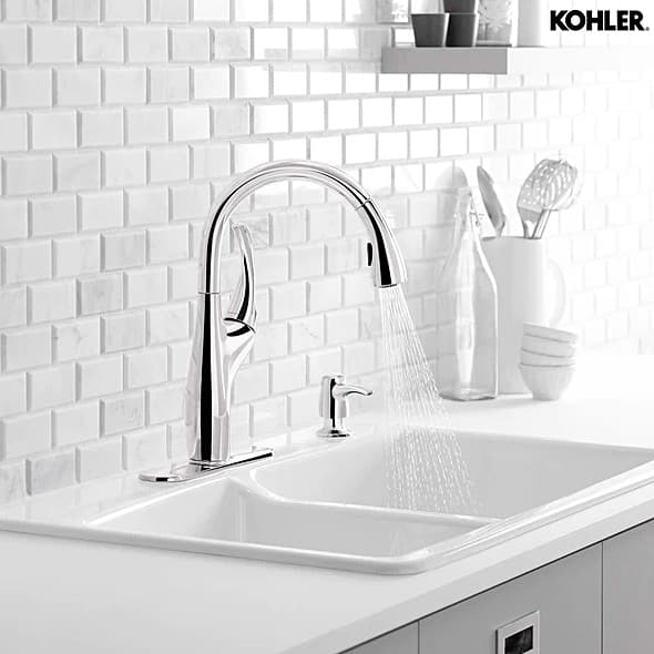 Kohler Mazz 2-Hole Kitchen Faucet With 15-1/2" Pulldown Spout & Soap Dispenser In Polished Chrome Finish, K-72511IN-SD-CP