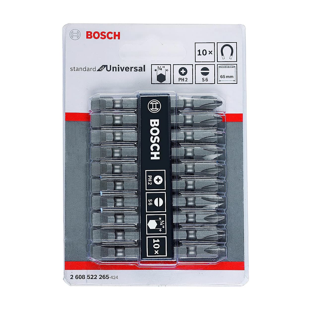 Bosch 6 mm (Flat) x PH2 (Phillips) x 65 mm (Length) Universal Double Ended Screwdriver Bits (Pack of 10 Pcs), 2 608 522 265