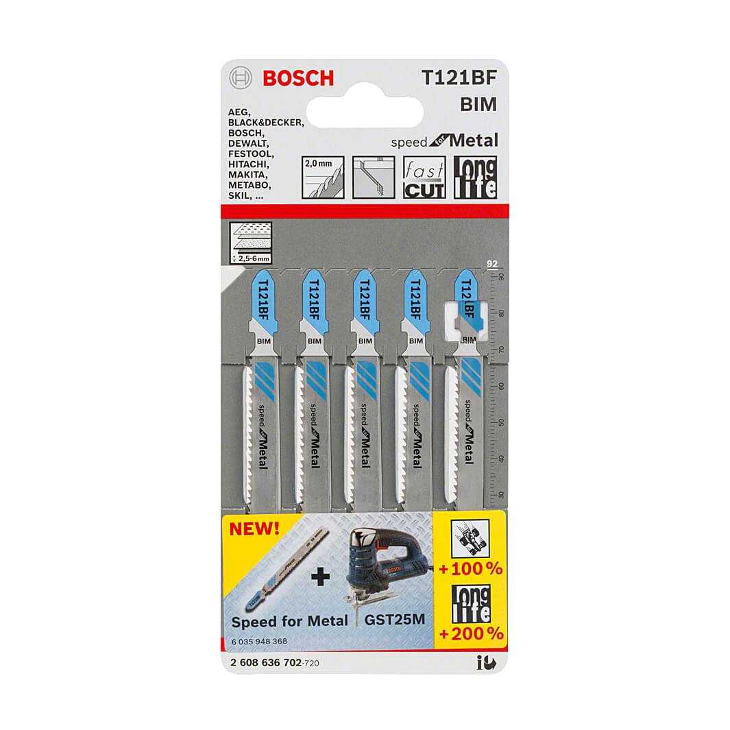Bosch 92 mm Jigsaw Blades Speed for Metal (T 121 BF), 2 608 636 702