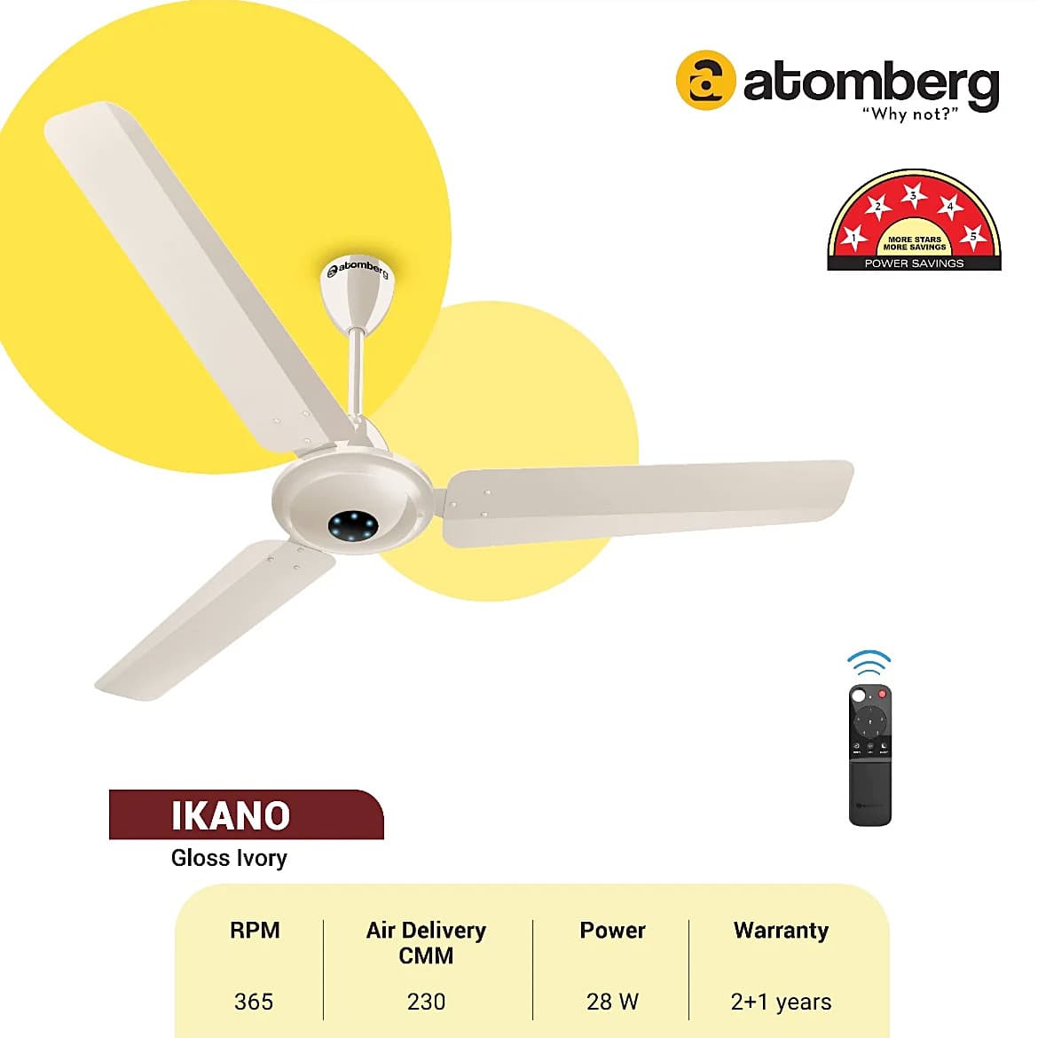 Atomberg Ikano 1200 mm Energy Efficient Ceiling Fan With BLDC Motor & Remote (Ivory)