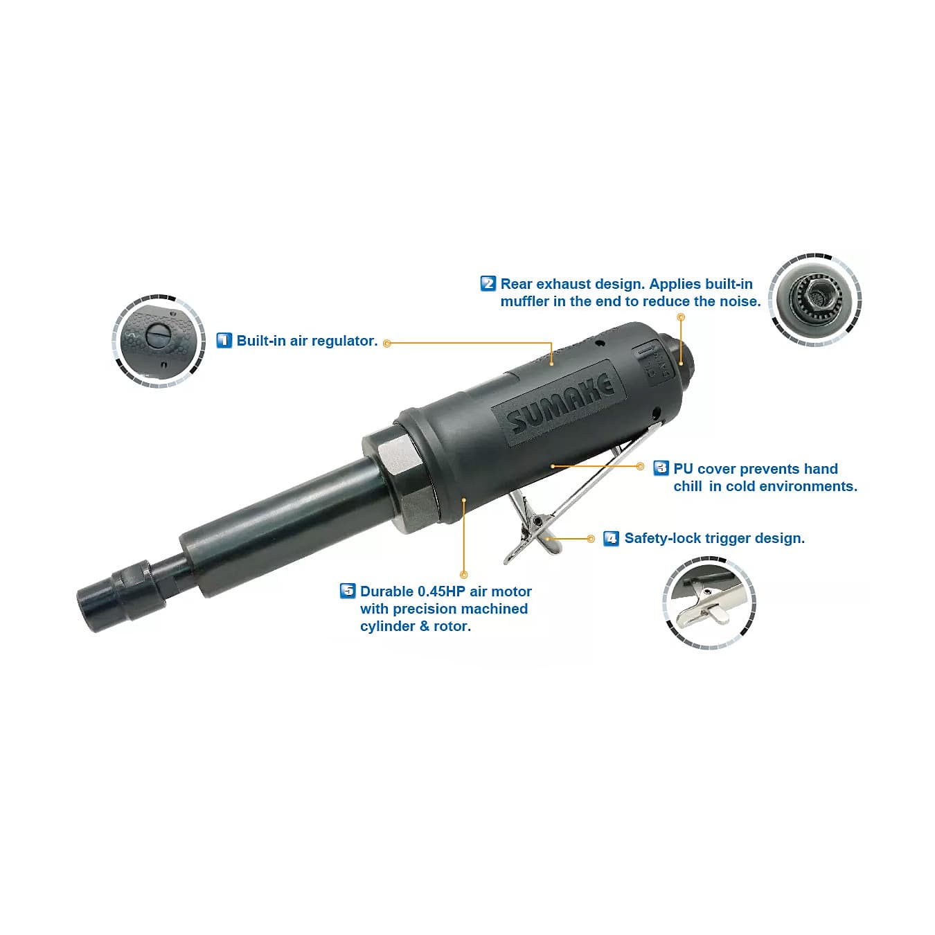 Sumake 1/4 inch Air Die Grinder with Extended Spindle, ST-DG1302L-5