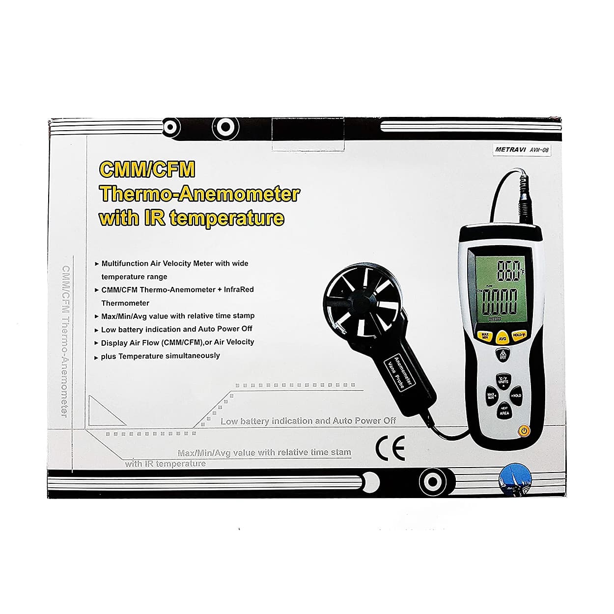 Metravi 30m/Sec Digital Thermo Anemometer With Built In Infra-Red Thermometer, AVM-08