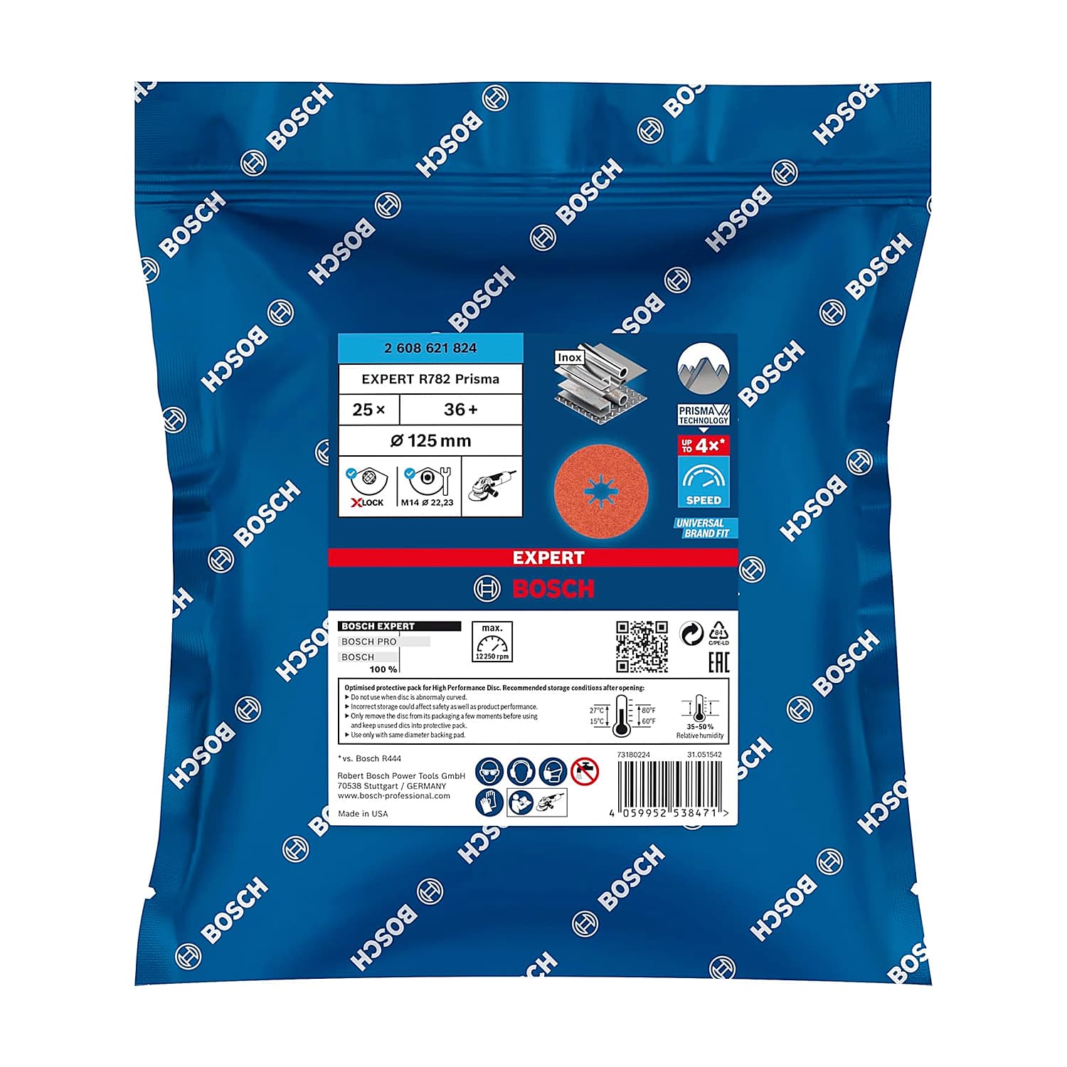 Bosch 125 mm / 36 Grit EXPERT R782 Prisma Ceramic X-LOCK Fibre Disc (Pack of 25 Pcs), 2 608 621 824