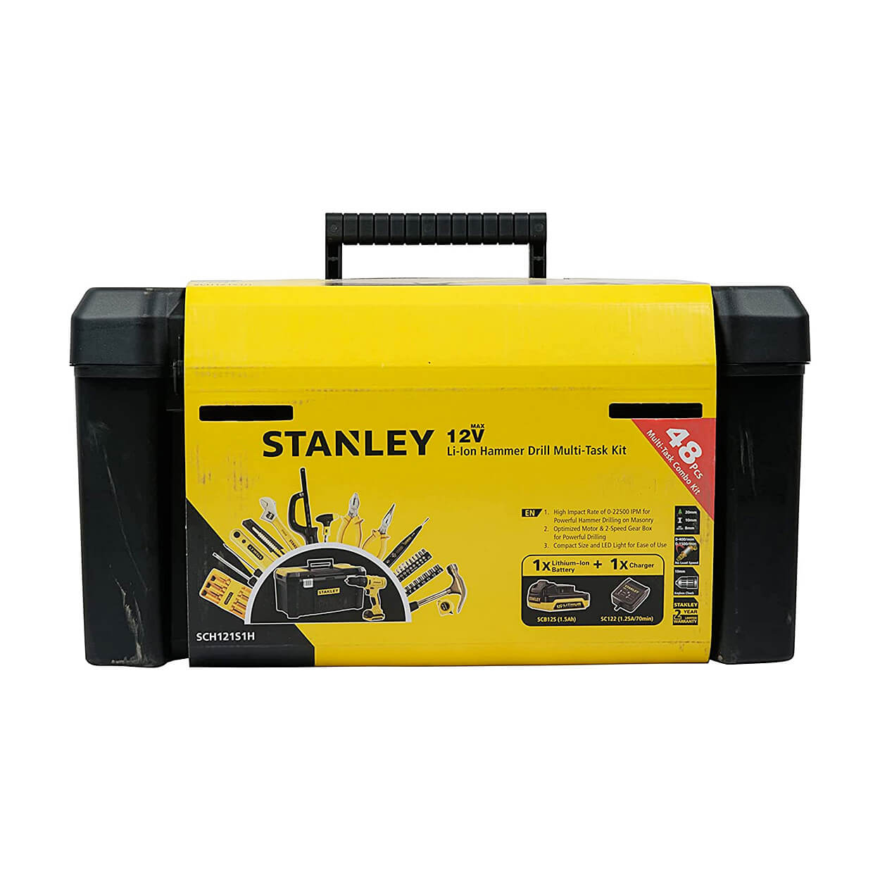 Stanley 12V / 1.5 Ah / 10 mm Cordless Hammer Drill Driver With Batteries & 48 Pcs Hand Tools Kit For Home, DIY & Professional Use, SCH121S1H