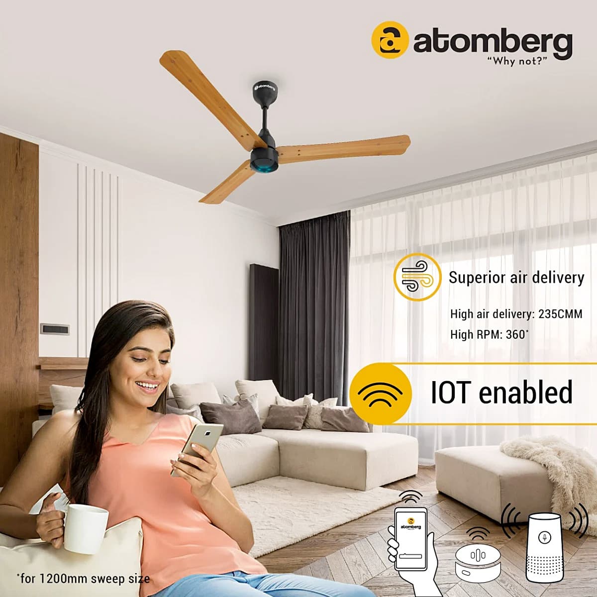 Atomberg Renesa Smart+ 1200 mm IOT enabled Ceiling Fans with BLDC Motor and Remote (Golden Oakwood)