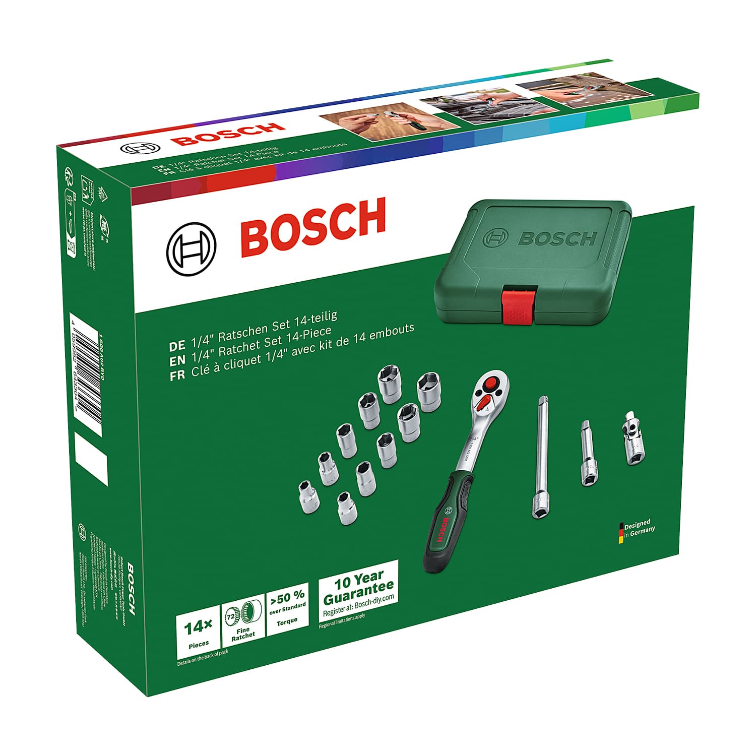 Bosch 15 Pcs Ratchet & Socket Set (1/4 inch Sq. Drive), 1 600 A03 EG1