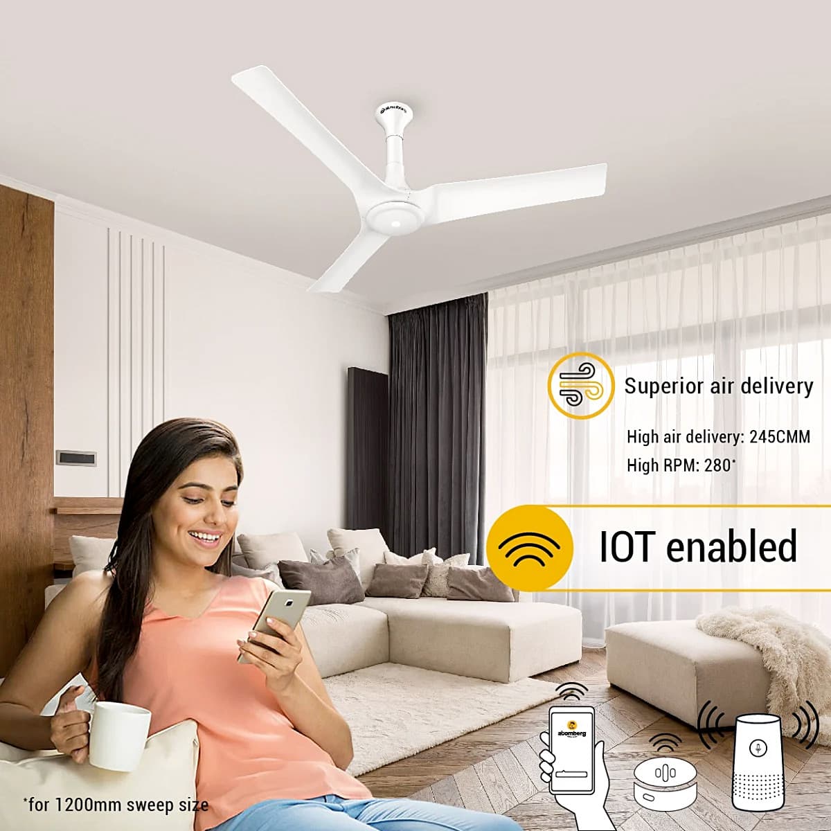 Atomberg Aris 1200 mm Noiseless Smart Ceiling Fan For Home With IoT & Remote Sleek Design High Air Delivery BLDC Fan (White)
