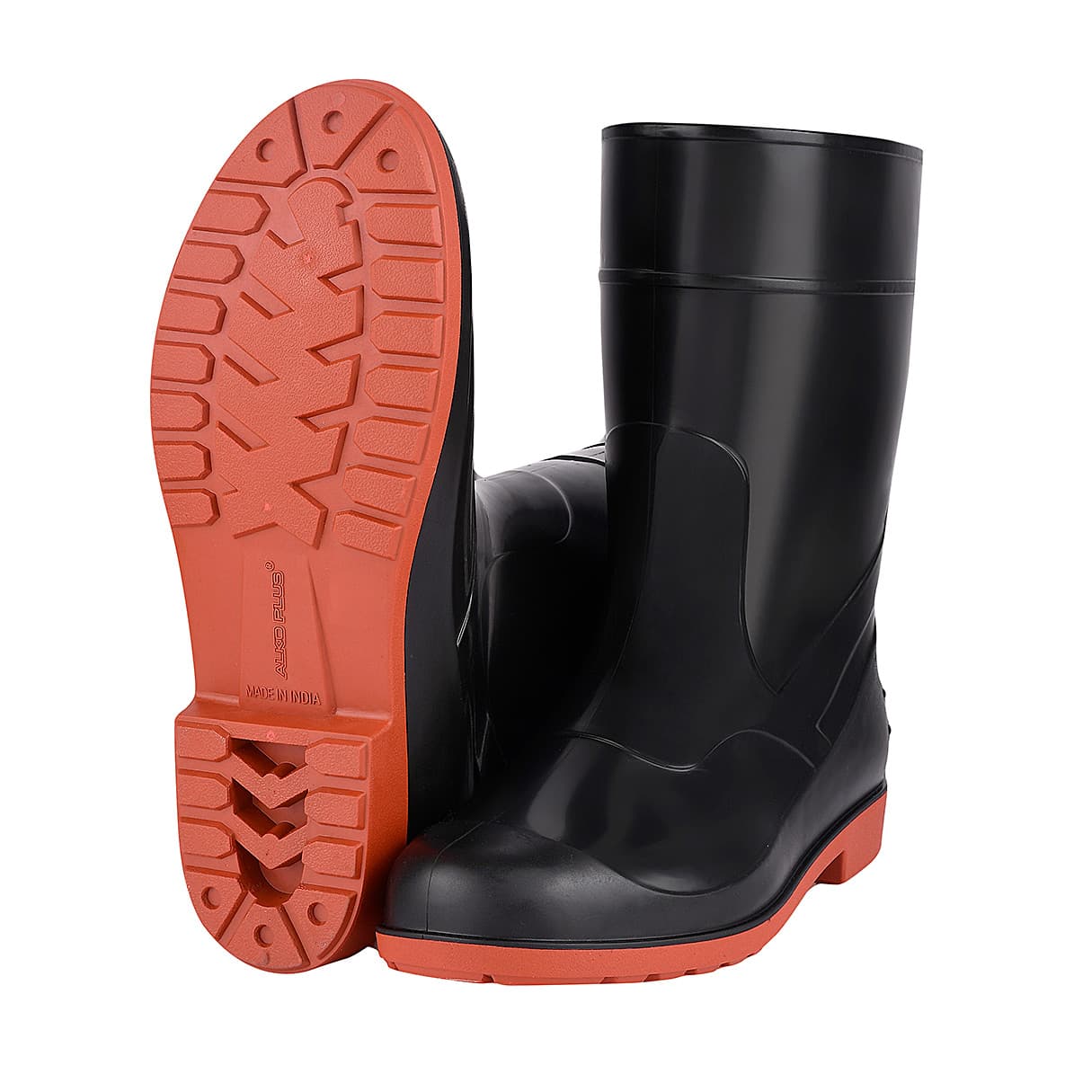 Alko Plus 11 inch PVC Gumboot without Cotton Lining & Steel Toe (Black & Red), APS G11
