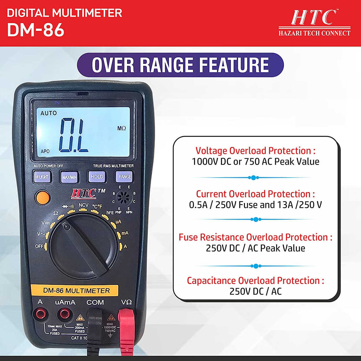 HTC 3-1/2 Digit / 1999 Count True RMS Auto Power Off Digital Multimeter With Backlight, DM-86