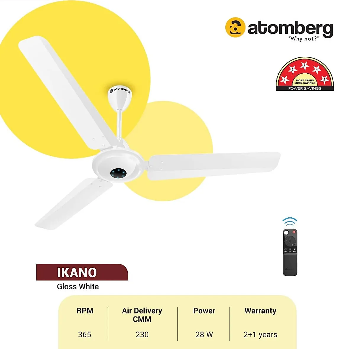 Atomberg Ikano 1200 mm Energy Efficient Ceiling Fan With BLDC Motor & Remote (White)