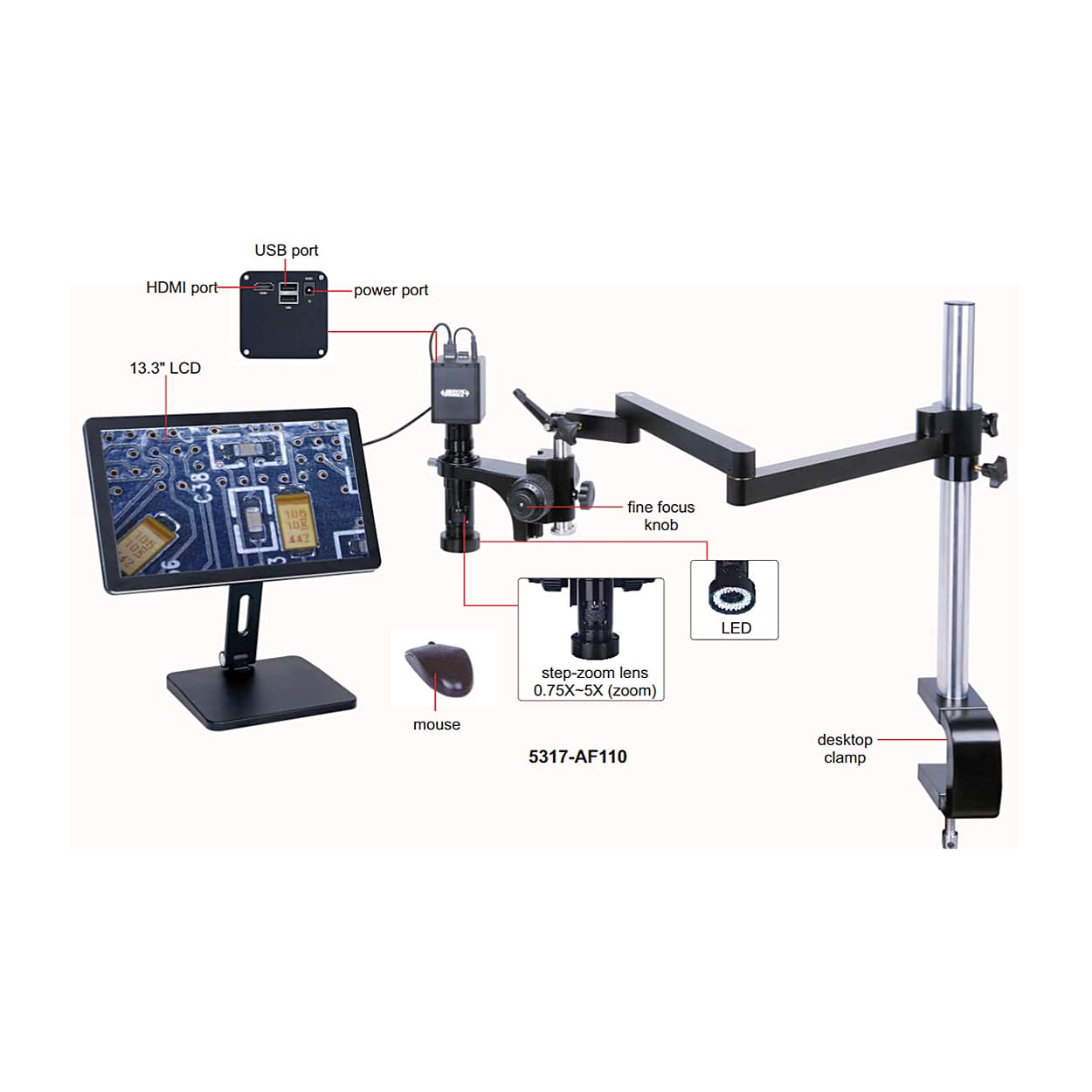 Insize 20 - 123X Flexible Arm Auto Focus Digital Microscope with Magnetic Stand, 5317-AF110
