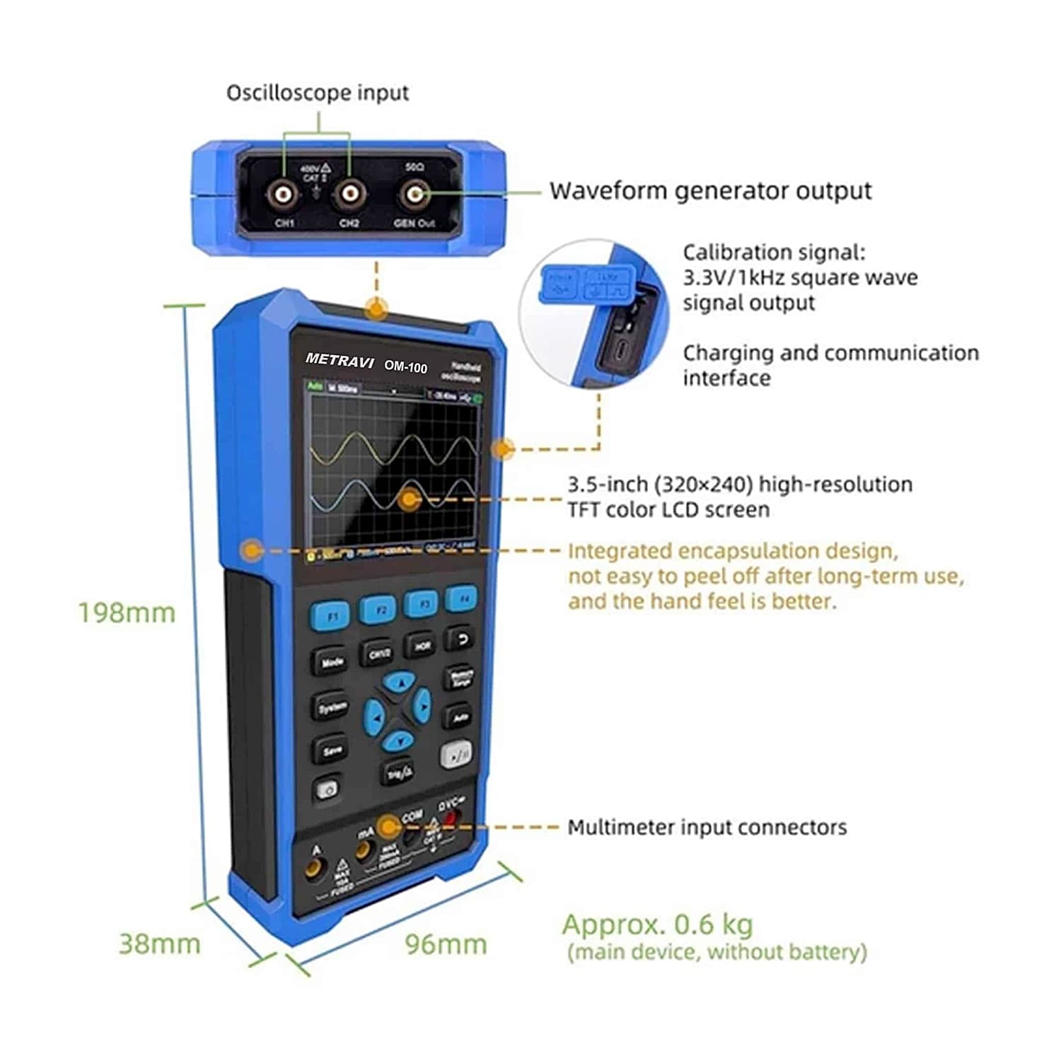 Metravi 100MHz / 500MSa/s Dual Channel Digital Handheld Oscilloscope, OM-100