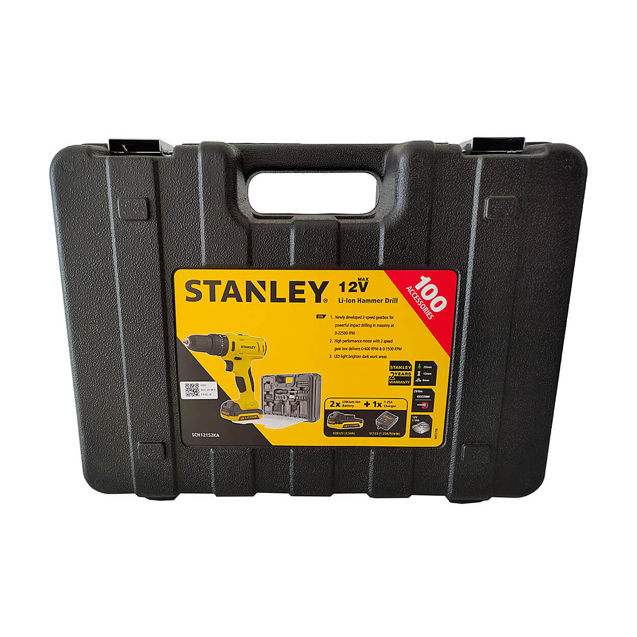 Stanley 12V / 1.5 Ah / 10 mm Cordless Hammer & Impact Drill Driver With 2 Batteries & 100 Pcs Accessories Kit For Home, DIY & Professional Use, SCH121S2KA