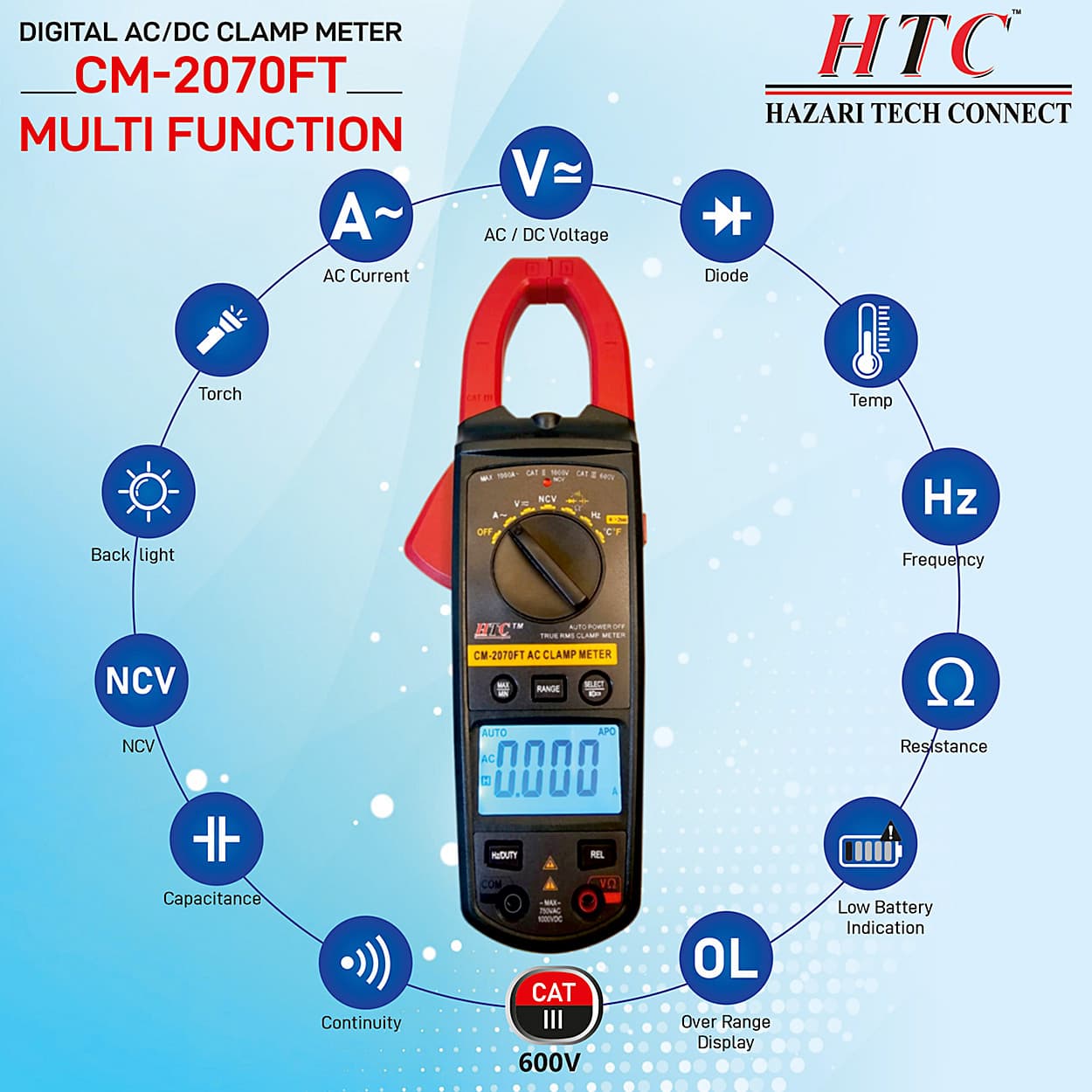 HTC 3-3/4 Digit / 1000A AC Clamp Meter With Backlight (True RMS), CM-2070FT