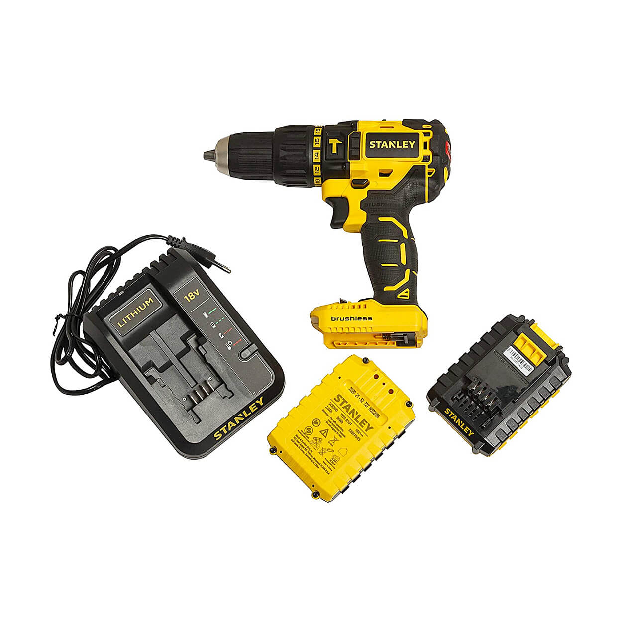 Stanley 18V / 2.0 Ah / 13mm Li-ion Cordless Brushless Hammer Drill Kit With 2 Batteries & Charger, SBH201D2K