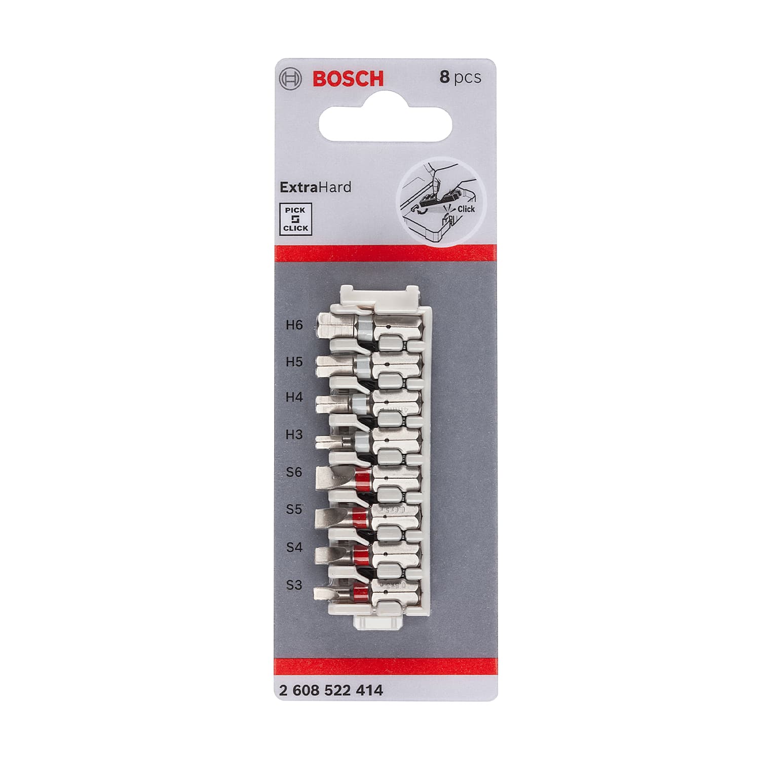 Bosch 8 Pcs Pick & Click Extra Hard Hex & Slotted Screwdriver Bit Set, 2 608 522 414