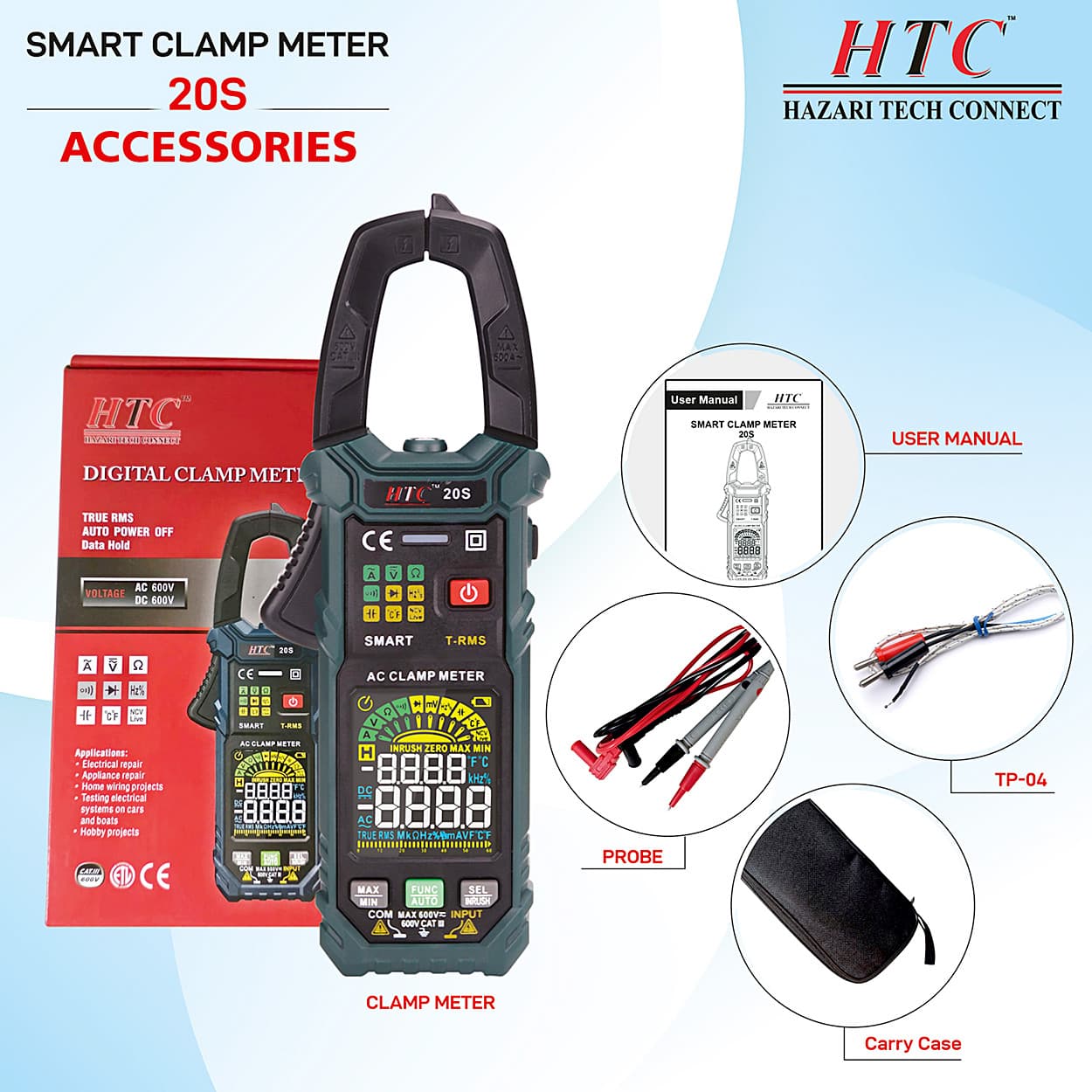 HTC 3-3/4 Digit / 6000 Counts AC Smart Clamp Meter, 20-S