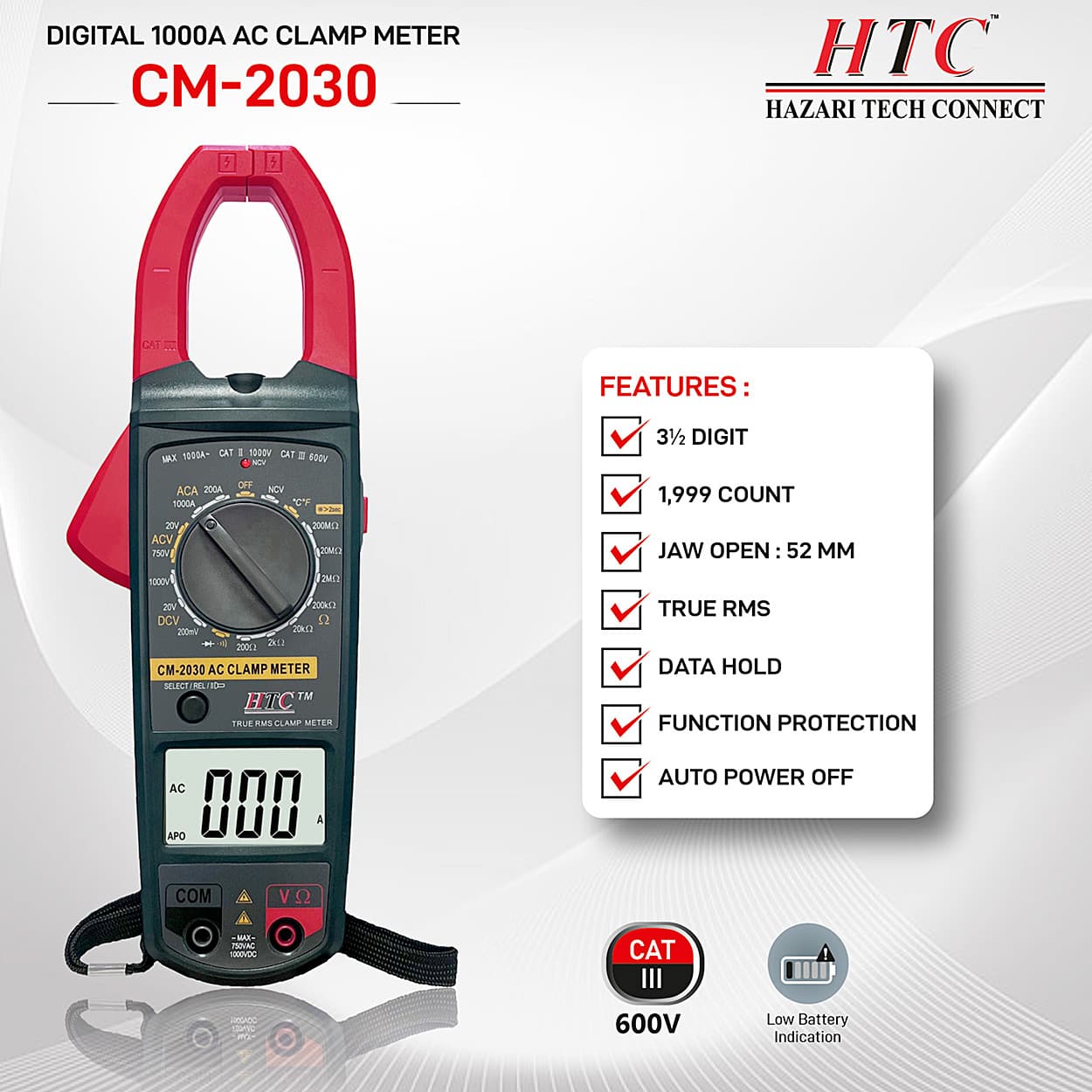 HTC 3-1/2 Digit / 1000A AC Clamp Meter With Backlight Manual Range (True RMS), CM-2030