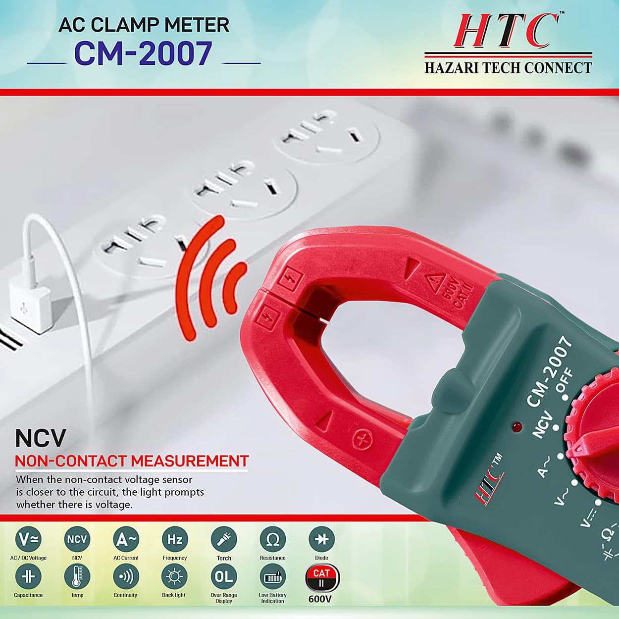 HTC 3-3/4 Digit / 600A AC Clamp Meter With Clamp Torch (True RMS), CM-2007