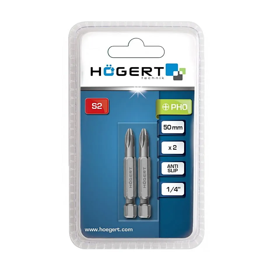 Hogert PH0 x 50 mm Length Phillips Screwdriver Bits (Pack of 2 Pcs), HT1S323