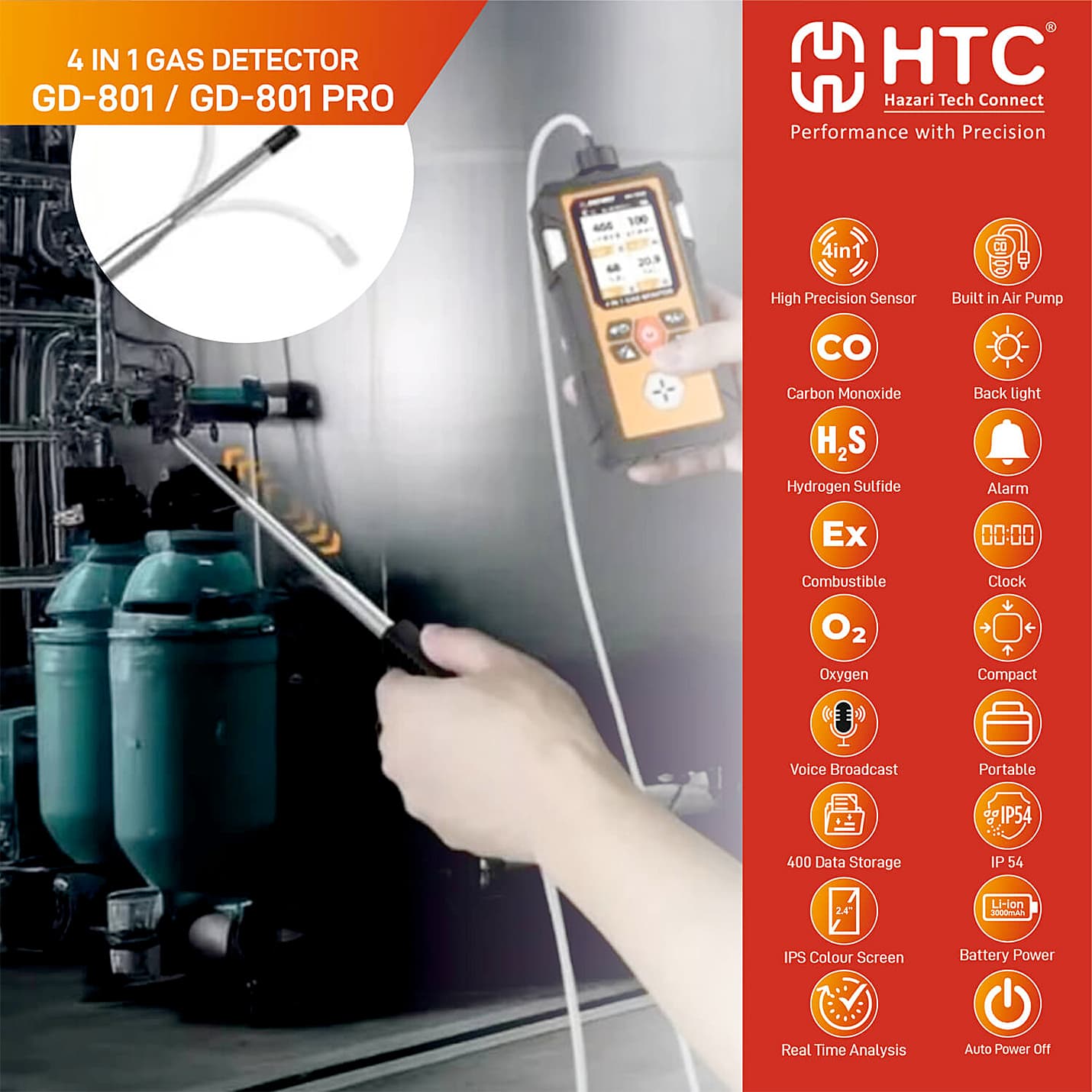 HTC 4 in 1 Gas Detector (CO/H2S/Ex/O2), GD-801