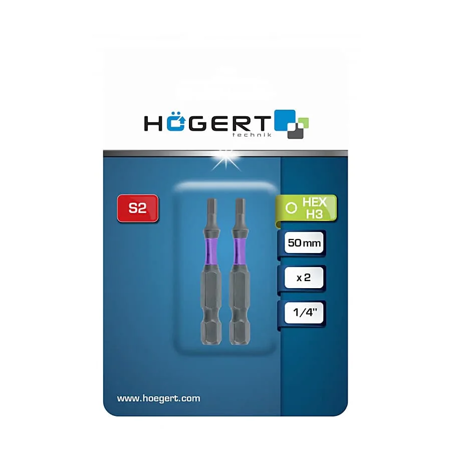 Hogert 50 mm (Length) x 3 mm Hex Power Screwdriver Bits (Pack of 2 Pcs), HT1S175