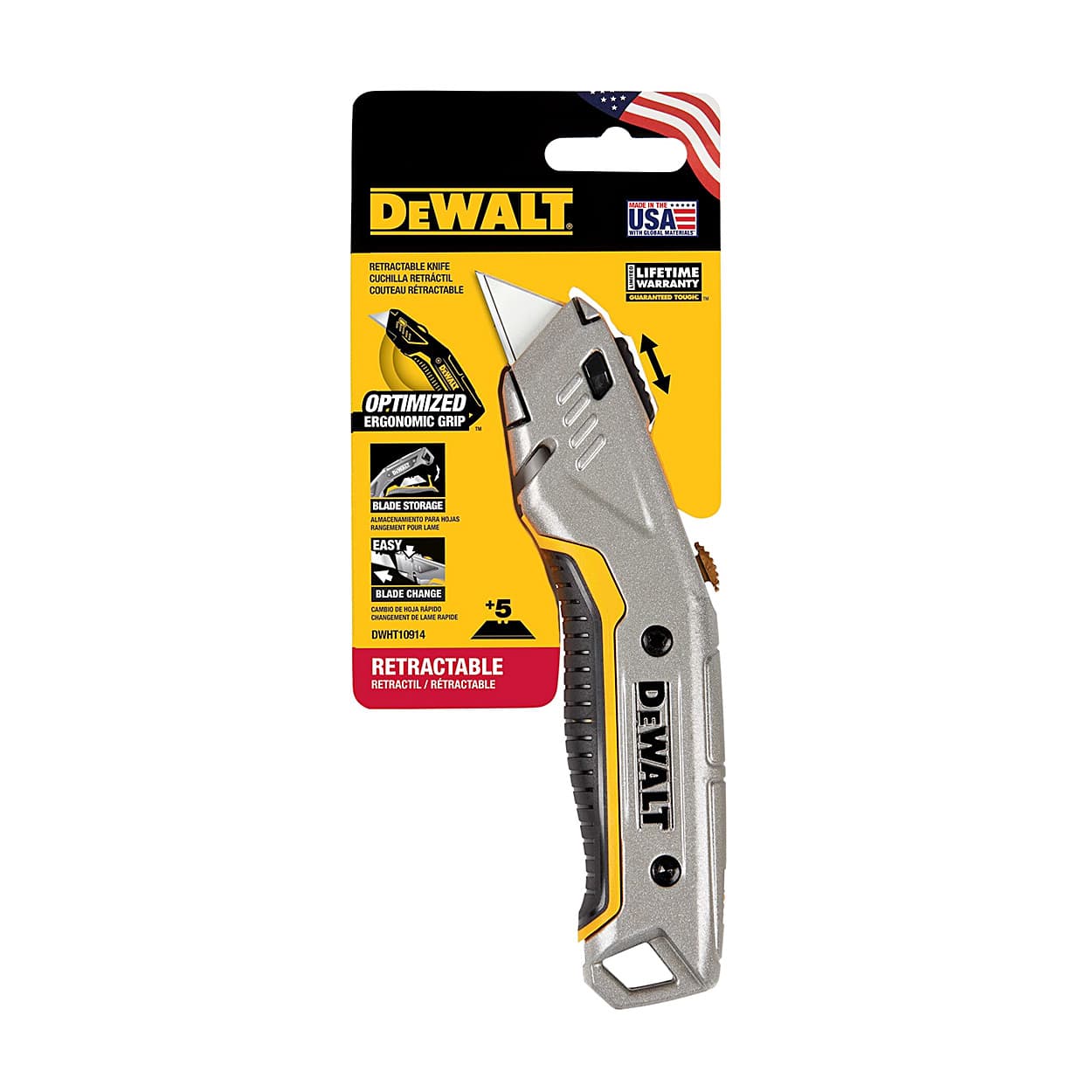 Dewalt 29 mm Instant Change Retractable Blade Utility Knife With 5 Replaceable Blades, DWHT10914-0