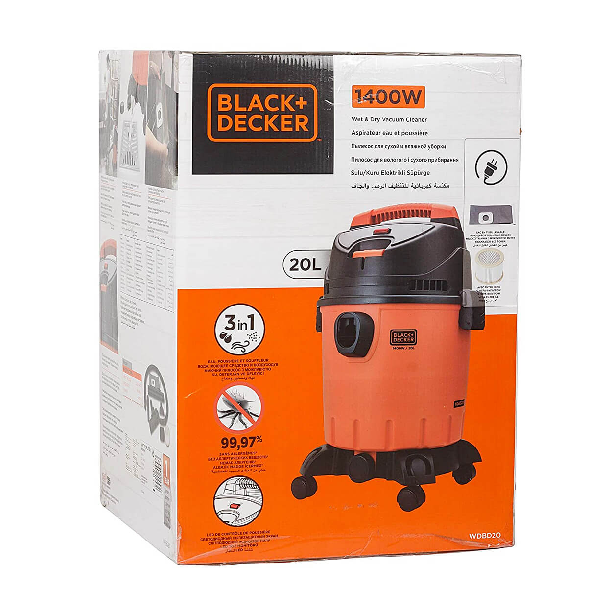 Black+Decker 20-Litre, 1200 Watt, 16 KPa High Suction Wet & Dry Vacuum Cleaner & Blower with HEPA Filter & Reusable Dustbag (Red/Grey), WDBD20