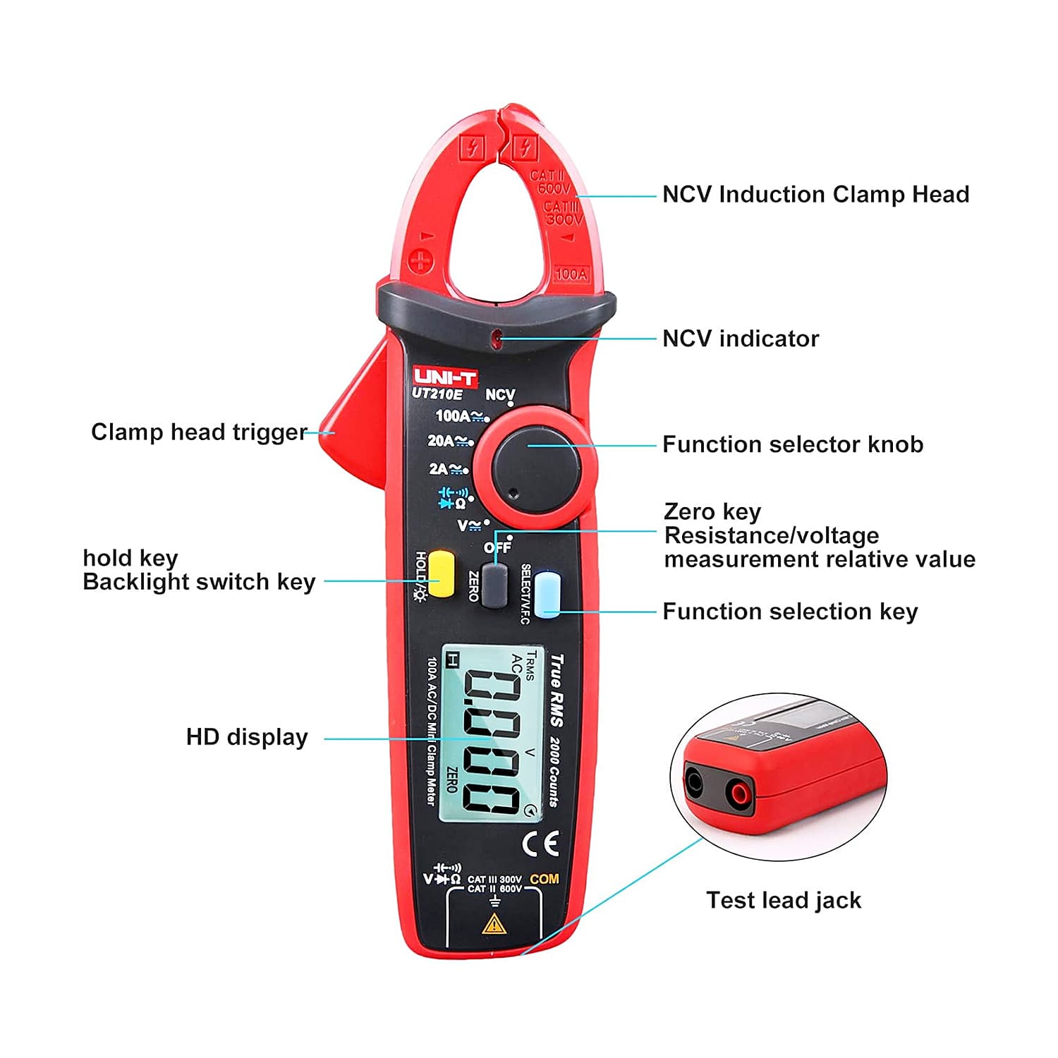 UNI-T 2000 Count / 100A AC/DC TRMS Digital Mini Clamp Meter, UT210E