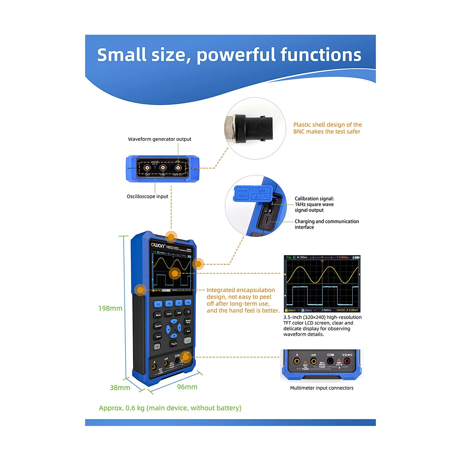 Owon 70MHz / 500MS/s Dual Channel Digital Handheld Oscilloscope with Multimeter, HDS 272S