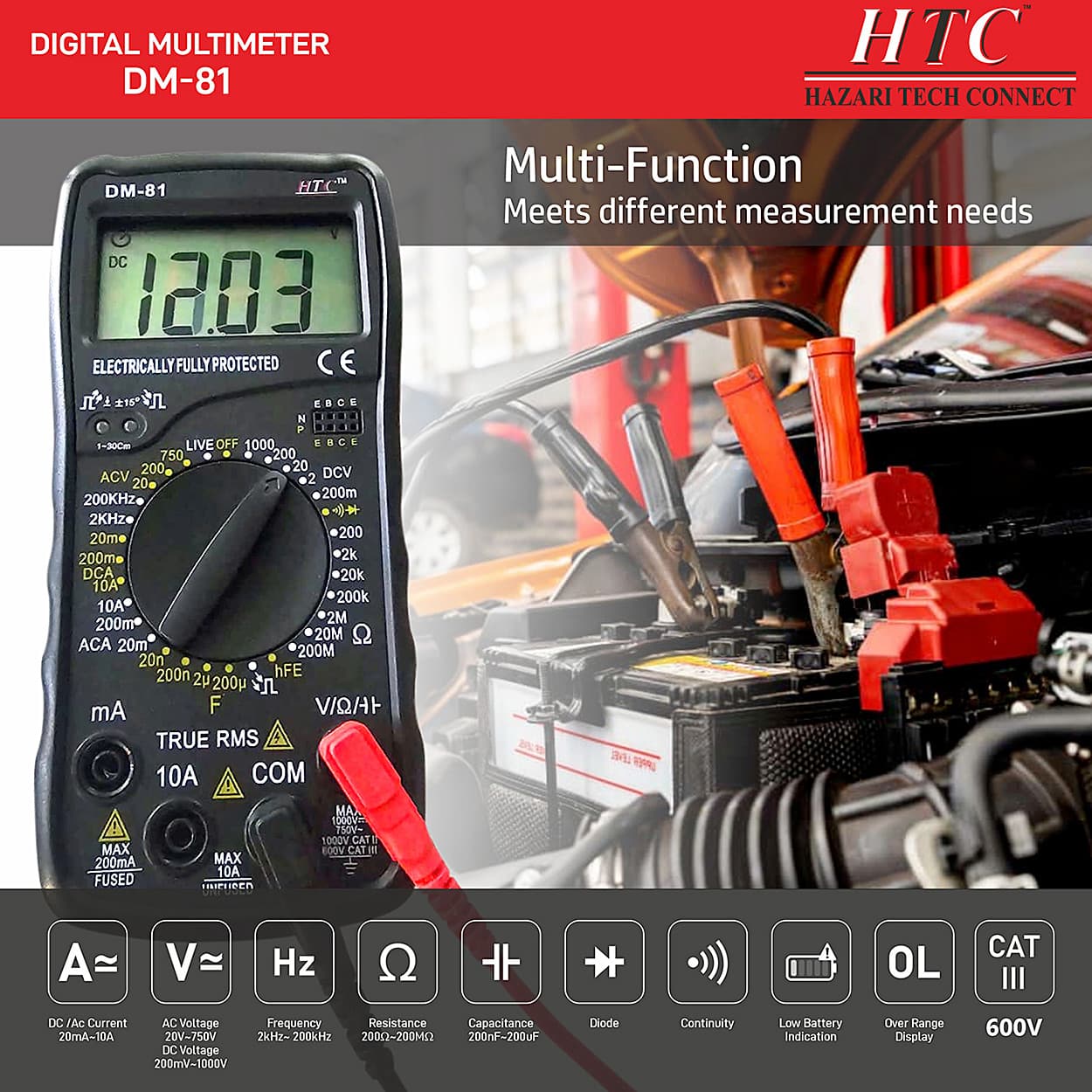 HTC 3-1/2 Digit / 1999 Count True RMS Digital Manual Multimeter, DM-81
