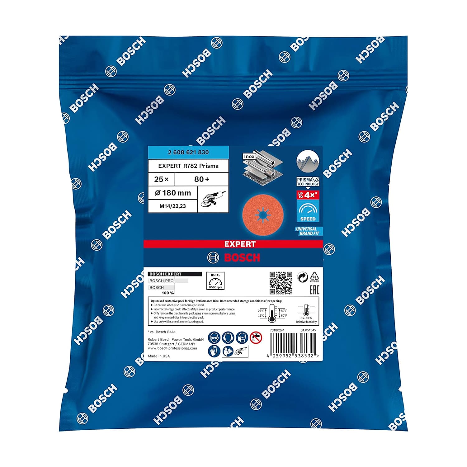 Bosch 180 mm / 120 Grit EXPERT R782 Prisma Ceramic Fibre Disc For Large Angle Grinders with Locking Nut (Pack of 25 Pcs), 2 608 621 831