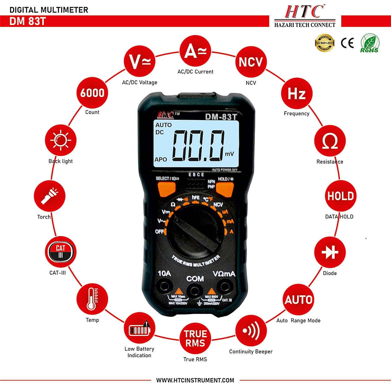 HTC 3-1/2 Digit / 1999 Count True RMS Digital Multimeter With Backlight & Torch Function, DM-83T