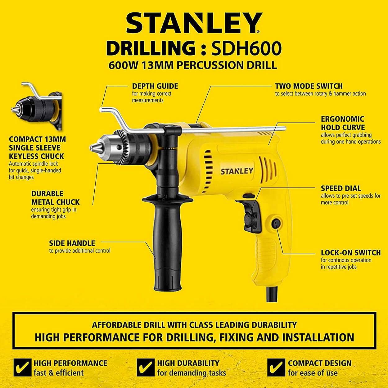 Stanley 13mm 600W Impact Hammer Drill Machine For Drilling Wood, Steel & Masonry, SDH600-IN