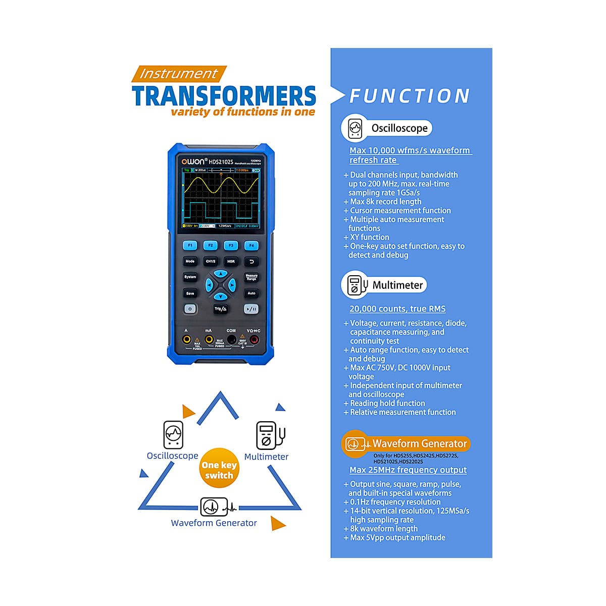 Owon 70MHz / 500MS/s Dual Channel Digital Handheld Oscilloscope with Multimeter, HDS 272S